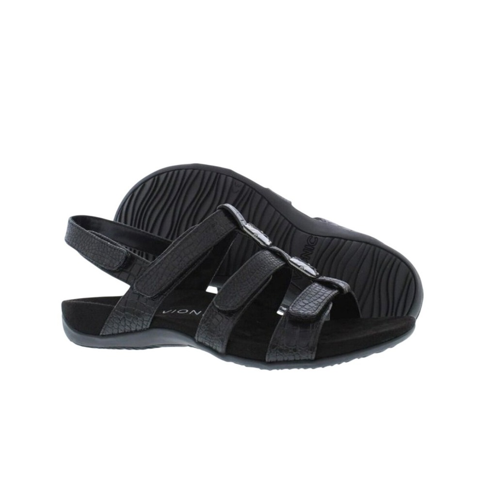 VIONIC Size 6M Black Croco Amber Sandals Strappy Arch Support Orthopedic Comfort